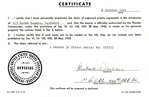 338. 1945 October 8- Enem Equipment Certificate