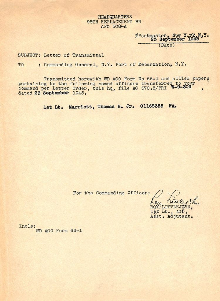 41b. 09-23-45 L 98th Replacement Bn, Transfer Orders NY